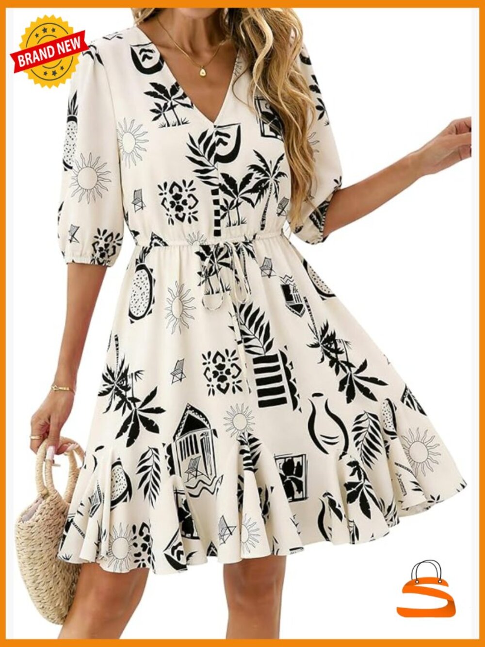 Boho V-Neck Mini Dress with Puff Sleeves Summer Beach Vacation